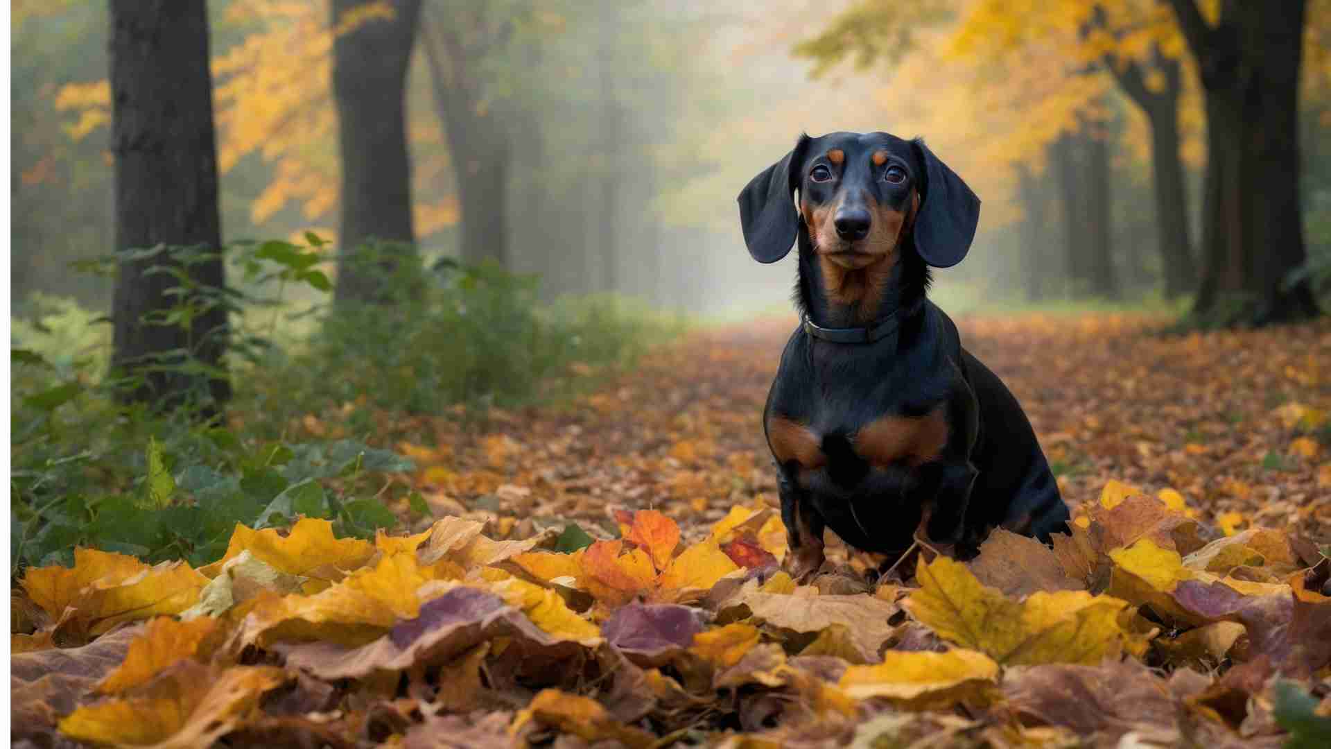 Autumn Banner Dachshund relaxing or possing in an autumn forrest looking very serious