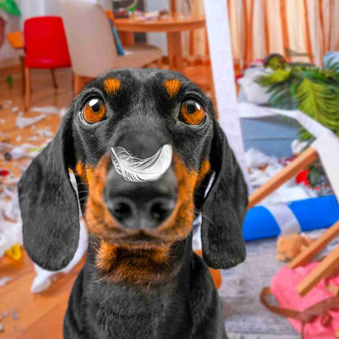 Naughty Dachshund Dachshund looking happy and content with himself. Behind him there is carnage behind him and a feather on his nose